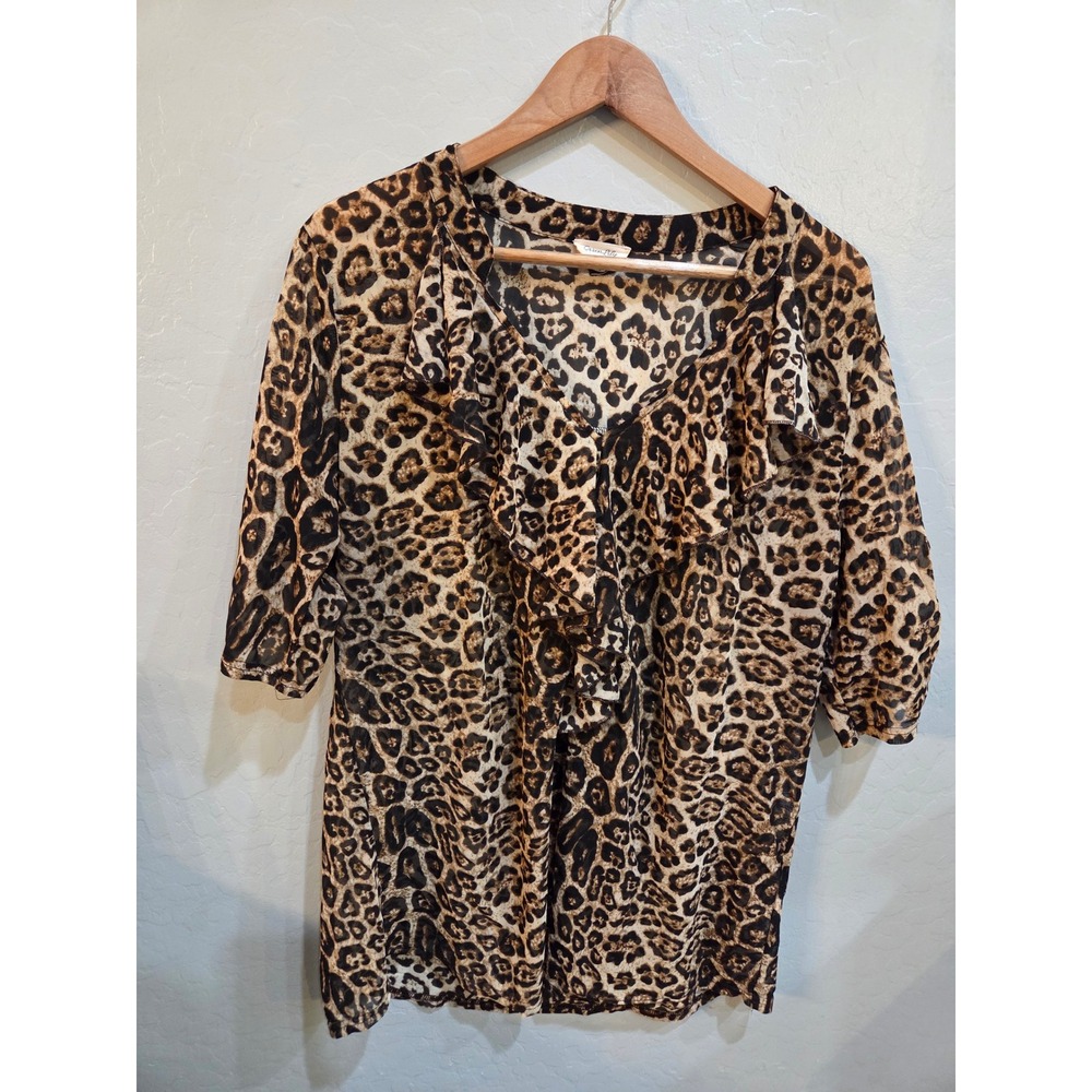 Siren Lily Womens Leopard Print Ruffle V-Neck Blouse Brown Black Animal Top XL